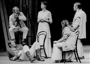 Alan as the vet, lying on the floor, and Sinead Cusack sitting on the chair